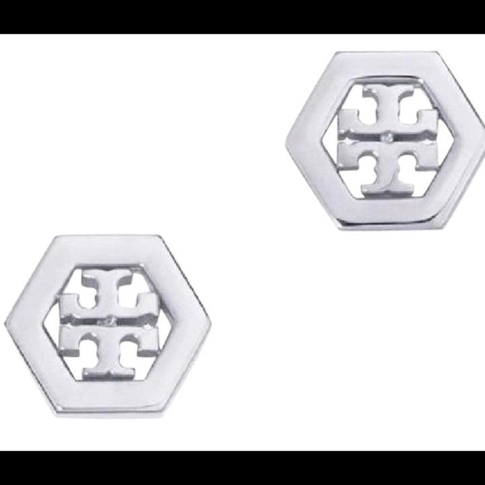 NWT Tory Burch Hex Logo Stud Earrings Silver